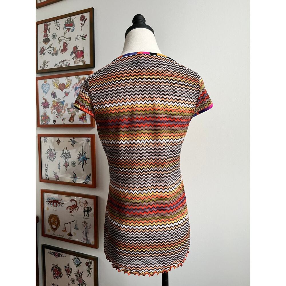 Vintage Y2K Mesh Top | Anac Geometric Print Lettuce Hem Tee | Indie Sleaze | S/M - Picture 4 of 6